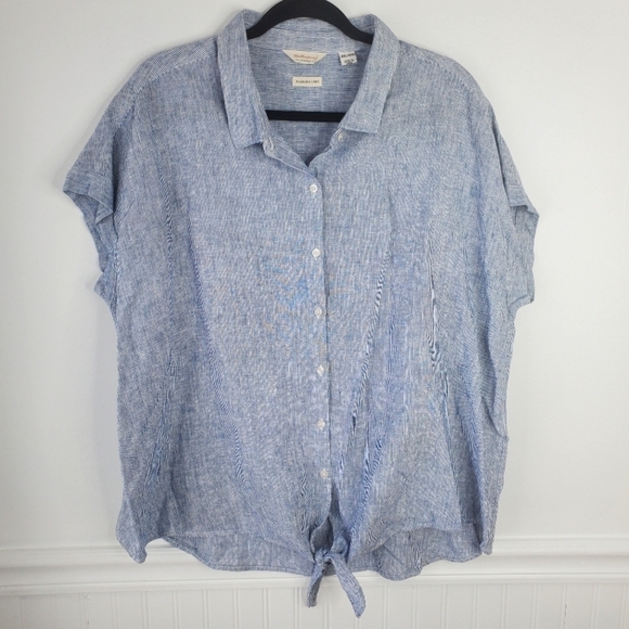 Weatherproof Vintage Linen Tie Front Shirt Blue Pinstripe XXL - Picture 2 of 10